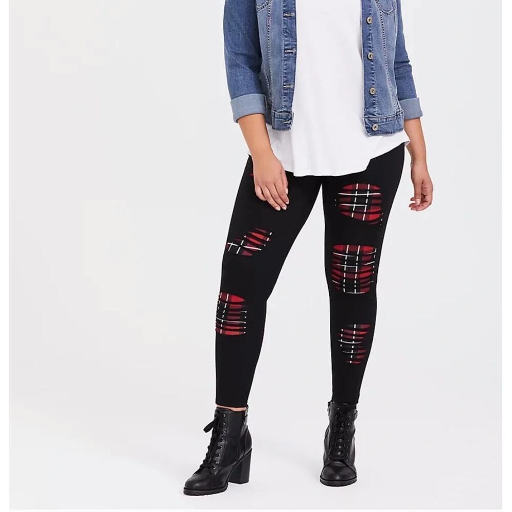 Torrid Distressed Ripped Plaid Leggings Black Red Plus Size 0X